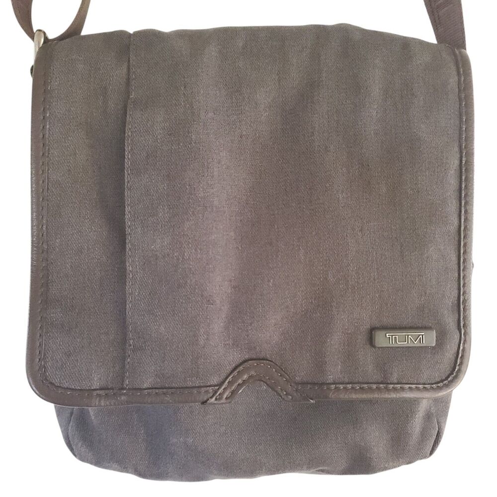 Tumi Mini Messenger / Cross Body Bag Gray Brown Trim EXCELLENT CONDITION! 10x8